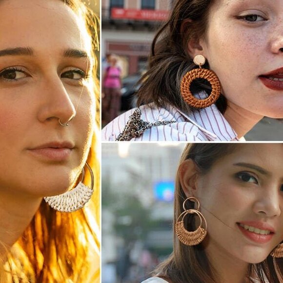 4 Pairs Handmade Raffia Rattan Bohemian Round Drop Dangle Earrings for Women, Bo - Picture 7 of 9